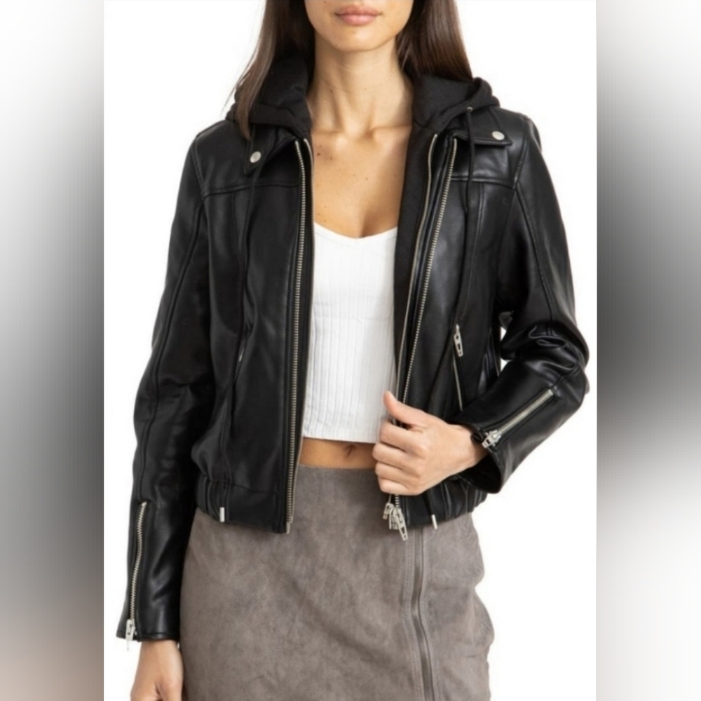 BLANKNYC Black Feaux Leather Jacket With Removavle Hood. Size Small